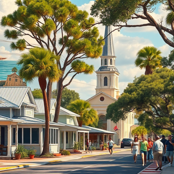 AT&T Coverage, Stores & Plans in Callaway, Panama City FL 32404 A vibrant street scene in Callaway, Panama City, FL 32404, showcasing a cozy neighborhood with charming single-story homes featuring classic Florida architectur