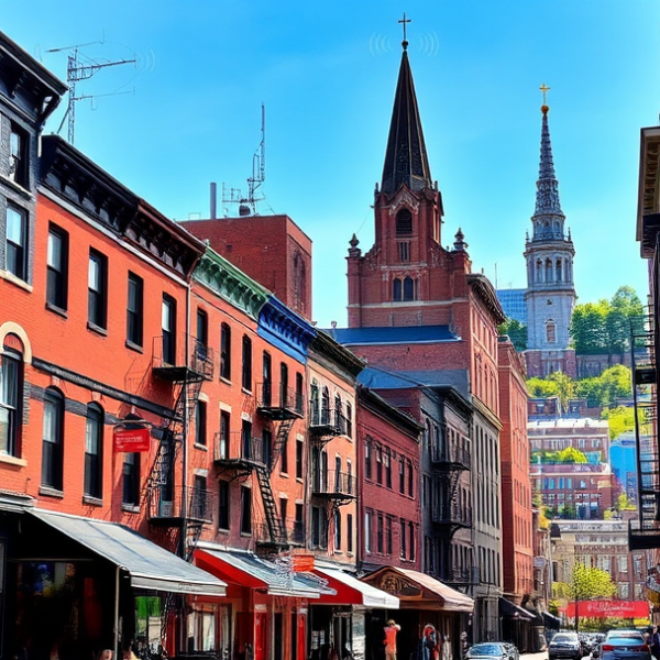 AT&T Coverage, Stores & Plans in Callowhill, Philadelphia PA 19108 A vibrant street scene in Callowhill, Philadelphia, PA 19108, showcasing a mix of historic brick rowhouses with ornate facades and modern industrial lofts, thei