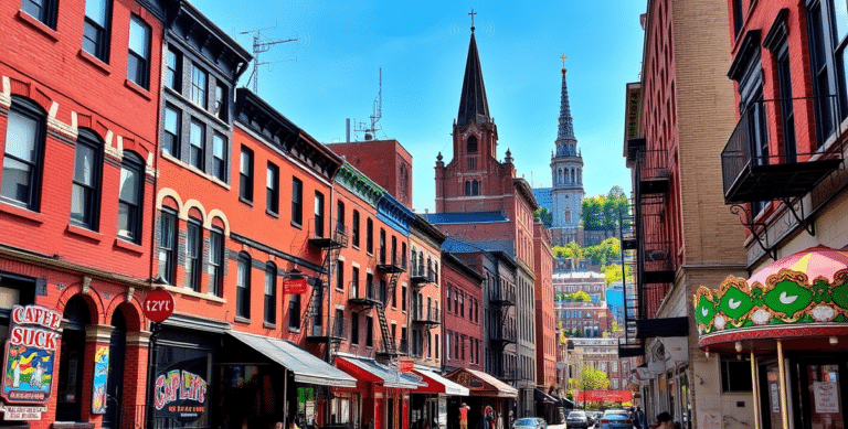 A vibrant street scene in callowhill, philadelphia, pa 19108, showcasing a mix of historic brick rowhouses with ornate facades and modern industrial lofts, thei