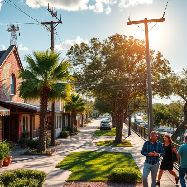AT&T Coverage, Stores & Plans in Caloosahatchee, Cape Coral FL 33904 A vibrant street scene in Caloosahatchee, Cape Coral, FL 33904, featuring colorful murals depicting local wildlife and waterways along historic brick walls, wit