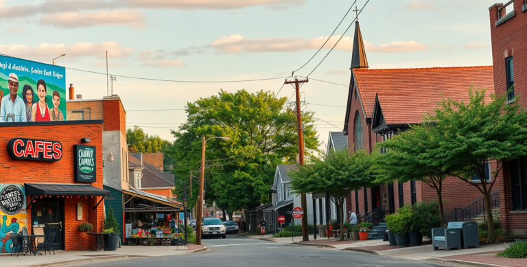 A vibrant street scene in Calumet Township, Gary, IN (46402), showcasing a diverse urban neighborhood with murals depicting local history and community pride, i