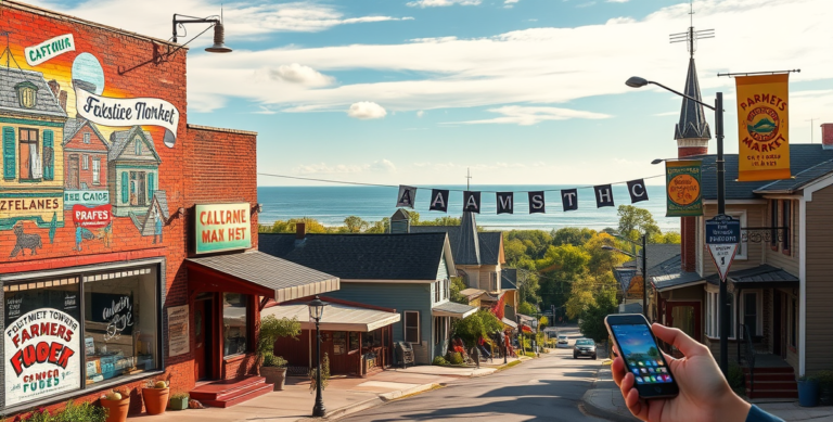 A vibrant street scene in Calumet Township, Gary, IN 46406, featuring a mural of local history painted on a brick wall, with a historic café storefront adorned