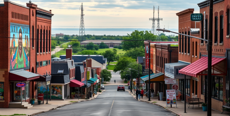 A vibrant street scene in Calumet Township, Gary, IN 46407, showcasing a diverse neighborhood with colorful murals depicting local history and community pride,