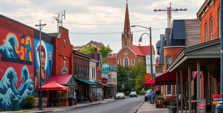 A vibrant street scene in Calumet Township, Gary, IN 46408, showcasing a diverse neighborhood with murals depicting local history and culture, including vibrant