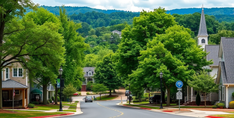 A vibrant street scene in Cambridge Forest, Cary, NC (27513), featuring lush green tree-lined streets with charming, well-maintained houses showcasing Craftsman