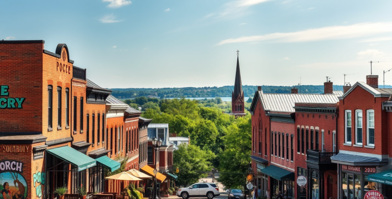 A vibrant street scene in Cambridge, Louisville, KY 40220, showcasing a blend of historic and modern architecture with charming brick row houses and cozy storef