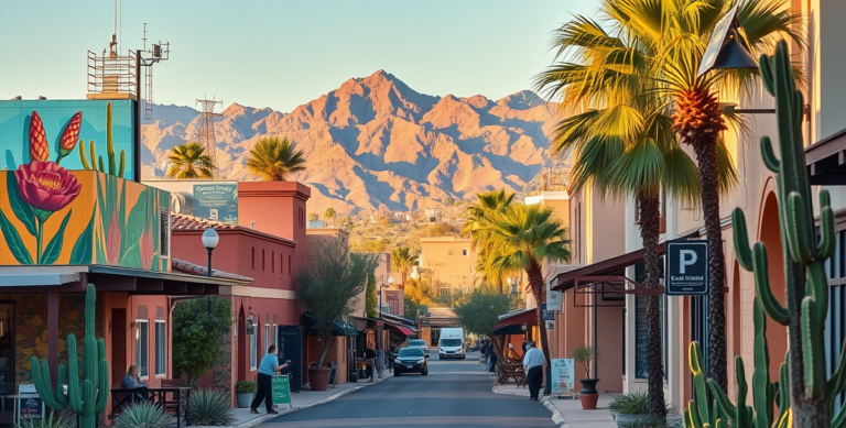 A vibrant street scene in Camelback East Village, Phoenix AZ 85026, featuring colorful murals depicting desert flora and southwestern motifs adorning local wall