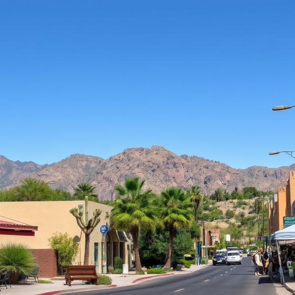 T-Mobile Plans, Coverage & Stores in Camelback East Village, Phoenix AZ 85064 A vibrant street scene in Camelback East Village, Phoenix, AZ 85064, showcasing lush desert landscaping and rugged mountain silhouettes in the distance beneath