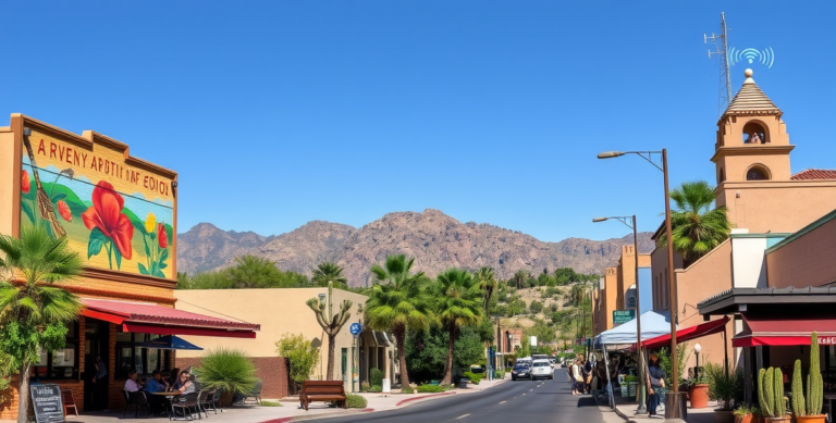 A vibrant street scene in Camelback East Village, Phoenix, AZ 85064, showcasing lush desert landscaping and rugged mountain silhouettes in the distance beneath