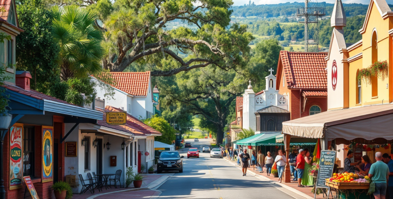 A vibrant street scene in Campbell, Kissimmee, FL (zip code 34746), showcasing colorful murals depicting local history and community life on nearby walls, with