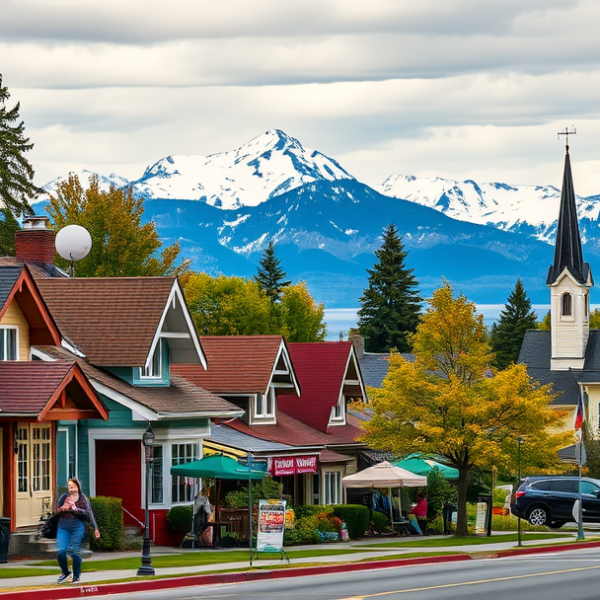 AT&T Coverage, Stores & Plans in Campbell Park, Anchorage AK 99523 A vibrant street scene in Campbell Park, Anchorage, AK 99523, showcasing a cozy neighborhood with charming mid-century houses featuring pitched roofs, colorful