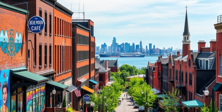 A vibrant street scene in Canton Industrial Area, Baltimore, MD 21224, showcasing a mix of historic warehouse buildings repurposed into modern art galleries and