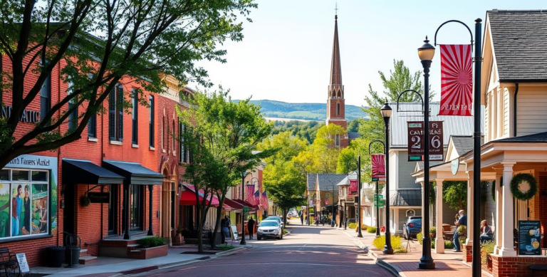A vibrant street scene in Canton Township, Canton, OH 44703, featuring a charming neighborhood with historic brick houses and modern Craftsman bungalows lining