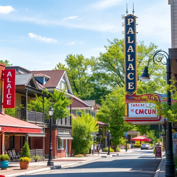 AT&T Coverage, Stores & Plans in Canton Township, Canton OH 44711 A vibrant street scene in Canton Township, Canton, OH 44711, featuring a cozy, locally-loved café with outdoor seating and colorful murals depicting community h