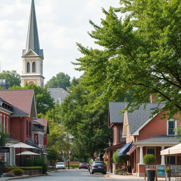 T-Mobile Plans, Coverage & Stores in Canton Township, Canton OH 44714 A vibrant street scene in Canton Township, Canton, OH 44714, featuring a charming neighborhood with historic brick houses and quaint bungalows, surrounded by lu