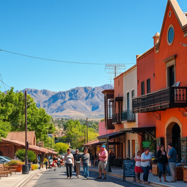 AT&T Coverage, Stores & Plans in Canutillo, El Paso TX 79932 A vibrant street scene in Canutillo, El Paso, TX 79932, showcasing colorful murals of local history and culture adorning nearby walls, with a cozy café featurin