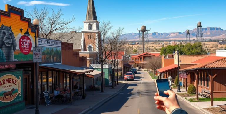 A vibrant street scene in Canyon, Amarillo, TX (79120), showcasing a charming neighborhood with colorful murals depicting local history and wildlife adorning th