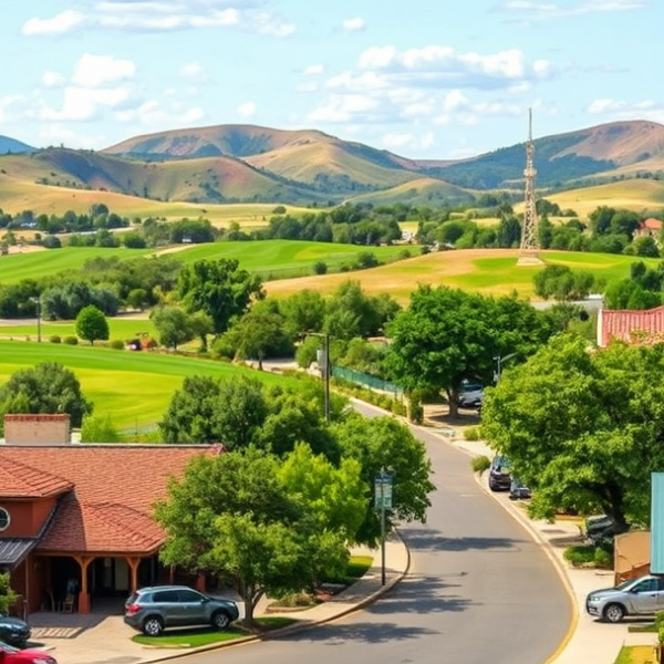 AT&T Coverage, Stores & Plans in Canyon Country Club, Amarillo TX 79110 A vibrant street scene in Canyon Country Club, Amarillo, TX 79110, showcasing lush green golf courses and rolling natural hills in the distance. Inside the neig