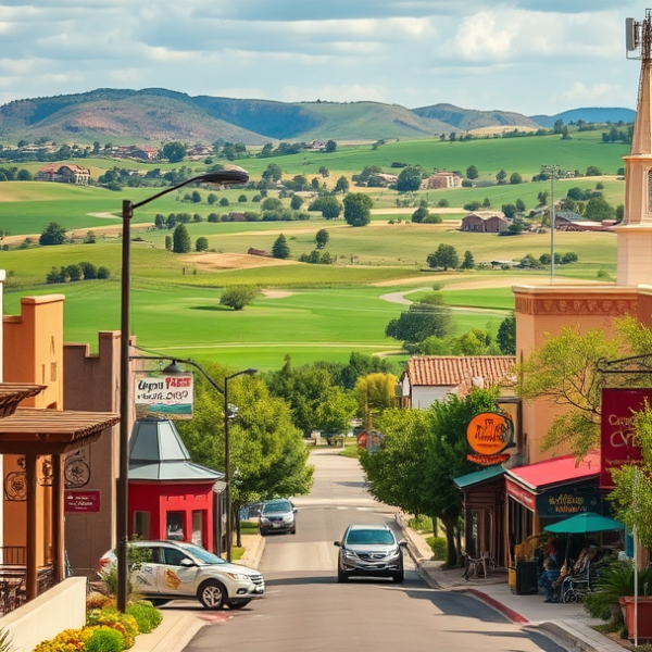 T-Mobile Plans, Coverage & Stores in Canyon Country Club, Amarillo TX 79119 A vibrant street scene in Canyon Country Club, Amarillo, TX 79119, showcasing lush green fairways and rolling hills visible in the distance, with iconic murals