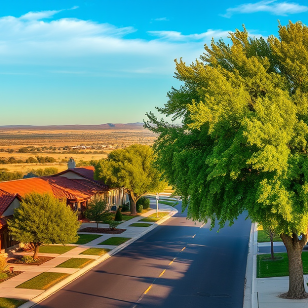 T-Mobile Plans, Coverage & Stores in Canyon Country Club Estates, Amarillo TX 79116 A vibrant street scene in Canyon Country Club Estates, Amarillo, TX 79116, showcasing lush, mature trees lining quiet suburban streets with well-maintained ranc