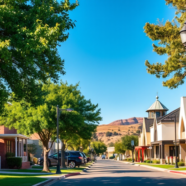 AT&T Coverage, Stores & Plans in Canyon Estates, Amarillo TX 79109 A vibrant street scene in Canyon Estates, Amarillo, TX 79109, showcasing a charming neighborhood with lush trees and well-maintained lawns. In the background, a