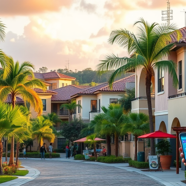 AT&T Coverage, Stores & Plans in Canyon Springs, Boynton Beach FL 33473 A vibrant street scene in Canyon Springs, Boynton Beach, FL 33473, showcasing lush tropical landscaping lining the sidewalks and modern Mediterranean-style home