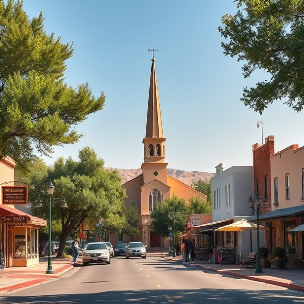 AT&T Coverage, Stores & Plans in Canyon View, Amarillo TX 79117 A vibrant street scene in Canyon View, Amarillo, TX (zip 79117), showcasing a sunny afternoon with wide, tree-lined streets. In the background, the iconic mural