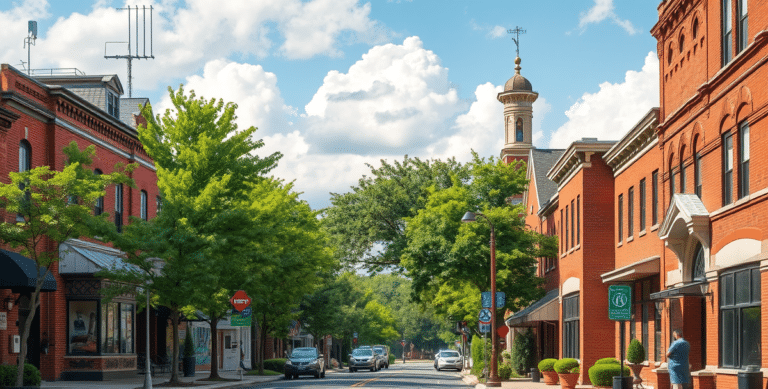 A vibrant street scene in capital township, springfield, il 62706, showcasing a mix of historic brick houses with craftsman details and modern duplexes, lined w