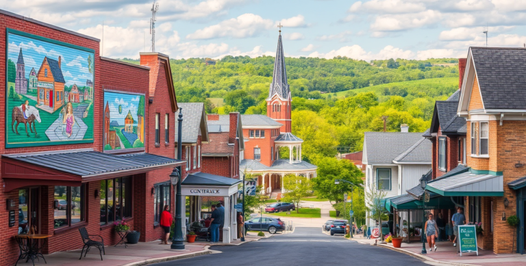 A vibrant street scene in Capital Township, Springfield, IL (zip 62757), featuring colorful murals depicting local history and community life on brick walls, wi