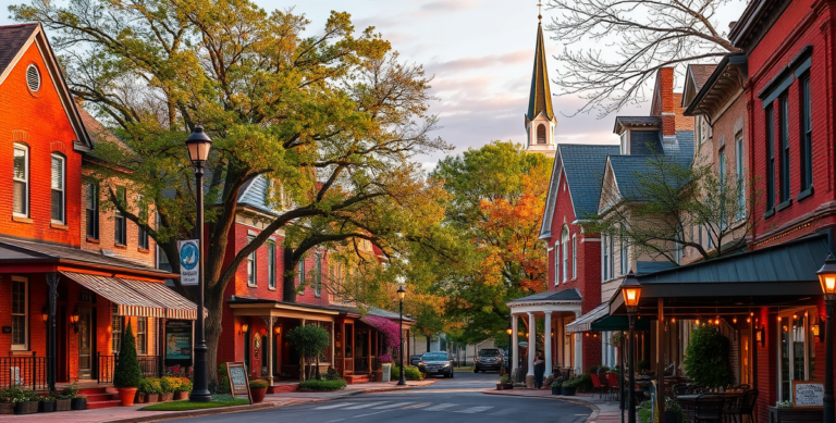 A vibrant street scene in Capital Township, Springfield, IL 62769, showcasing a cozy neighborhood with historic brick houses featuring front porches and charmin