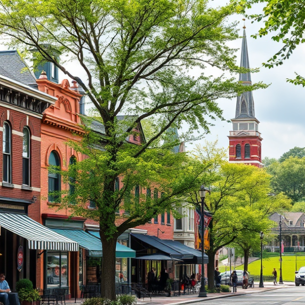AT&T Coverage, Stores & Plans in Capital Township, Springfield IL 62791 A realistic, aspirational street scene in Capital Township, Springfield, IL 62791, showcasing a vibrant neighborhood with historic brick houses featuring ornate