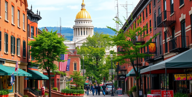 A vibrant street scene in Capitol Hill, Albany, NY 12201, showcasing historic brick townhouses with ornate facades and colorful shutters lining a lively sidewal