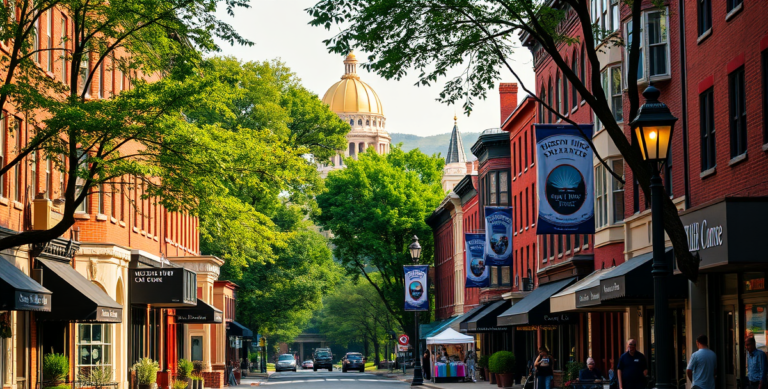 A vibrant street scene in Capitol Hill, Albany, NY (12220), featuring historic red-brick row houses with ornate cornices and colorful shutters lining a tree-sha