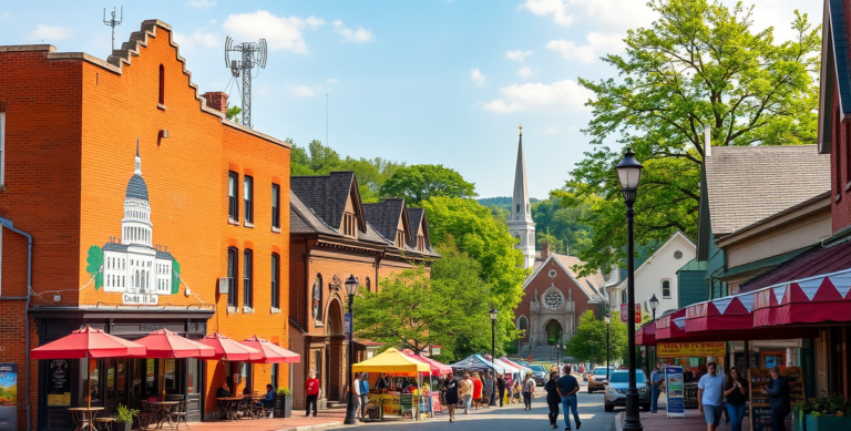 A vibrant street scene in Capitol Hill, Albany, NY (12227), showcasing a historic brick building with a mural of the New York State Capitol painted on its side,