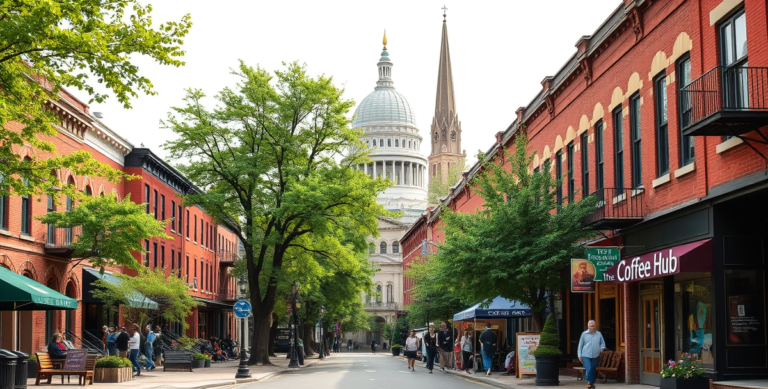 A vibrant street scene in Capitol Hill, Albany, NY 12249, featuring historic brick row houses with ornate cornices and colorful facades lining tree-shaded sidew