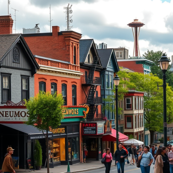 T-Mobile Plans, Coverage & Stores in Capitol Hill, Seattle WA 98102 A vibrant street scene in Capitol Hill, Seattle, WA 98102, showcasing a lively neighborhood with colorful murals depicting local history and jazz musicians insi