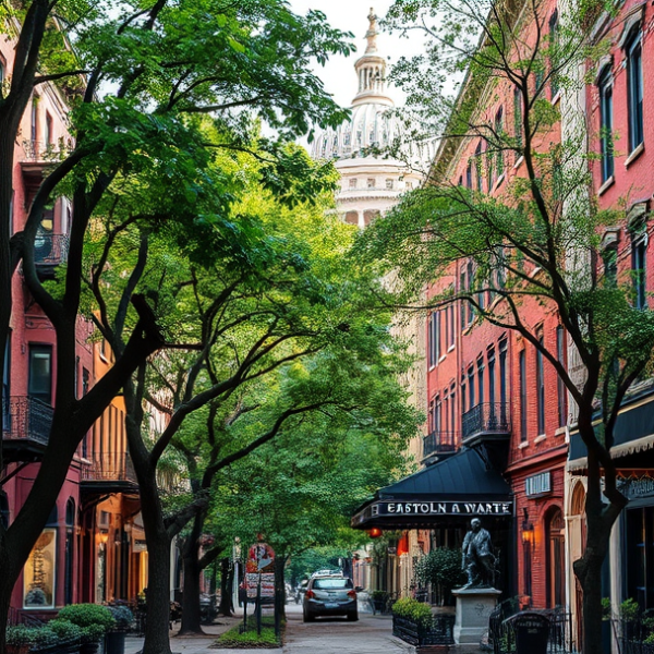 AT&T Coverage, Stores & Plans in Capitol Hill, Washington DC 20390 A vibrant street scene in Capitol Hill, Washington, DC, showcasing historic rowhouses with brick facades and ornate ironwork, nestled along tree-lined sidewalks