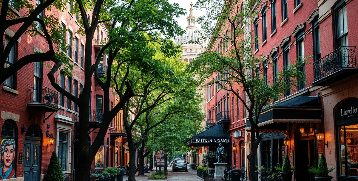 A vibrant street scene in capitol hill, washington, dc, showcasing historic rowhouses with brick facades and ornate ironwork, nestled along tree-lined sidewalks