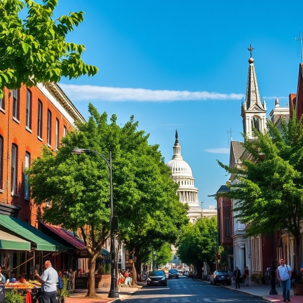AT&T Coverage, Stores & Plans in Capitol Hill, Washington DC 20540 A vibrant street scene in Capitol Hill, Washington, DC (20540), showcasing historic rowhouses with ornate brick facades and white trim, lush green trees lining