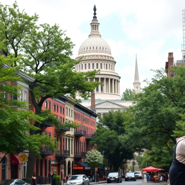 AT&T Coverage, Stores & Plans in Capitol Hill, Washington DC 20541 A vibrant street scene in Capitol Hill, Washington, DC, showcasing iconic rowhouses with brick facades, wrought-iron balconies, and colorful window shutters lin
