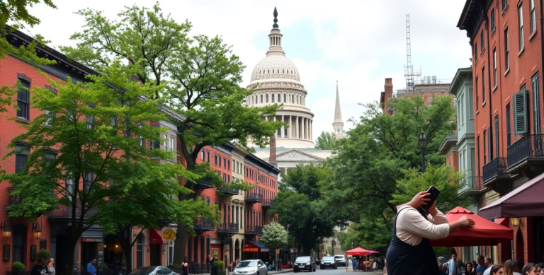 A vibrant street scene in Capitol Hill, Washington, DC, showcasing iconic rowhouses with brick facades, wrought-iron balconies, and colorful window shutters lin