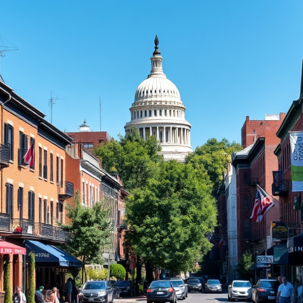 AT&T Coverage, Stores & Plans in Capitol Hill, Washington DC 20543 A vibrant street scene in Capitol Hill, Washington, DC (postal code 20543), showcasing historic rowhouses with brick facades, ornate ironwork balconies, and col