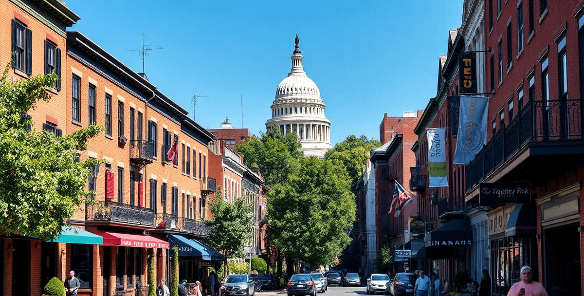 A vibrant street scene in capitol hill, washington, dc (postal code 20543), showcasing historic rowhouses with brick facades, ornate ironwork balconies, and col
