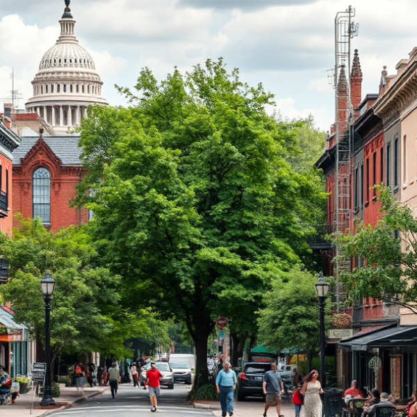 AT&T Coverage, Stores & Plans in Capitol Hill, Washington DC 20559 A vibrant street scene in Capitol Hill, Washington, DC, featuring historic rowhouses with brick facades and ornate cornices lining tree-shaded sidewalks, bustli