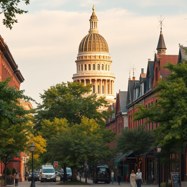 T-Mobile Plans, Coverage & Stores in Capitol Park, Des Moines IA 50301 A vibrant street scene in Capitol Park, Des Moines, IA 50301, showcasing historic brick row houses with ornate cornices and bay windows lining tree-shaded sidew