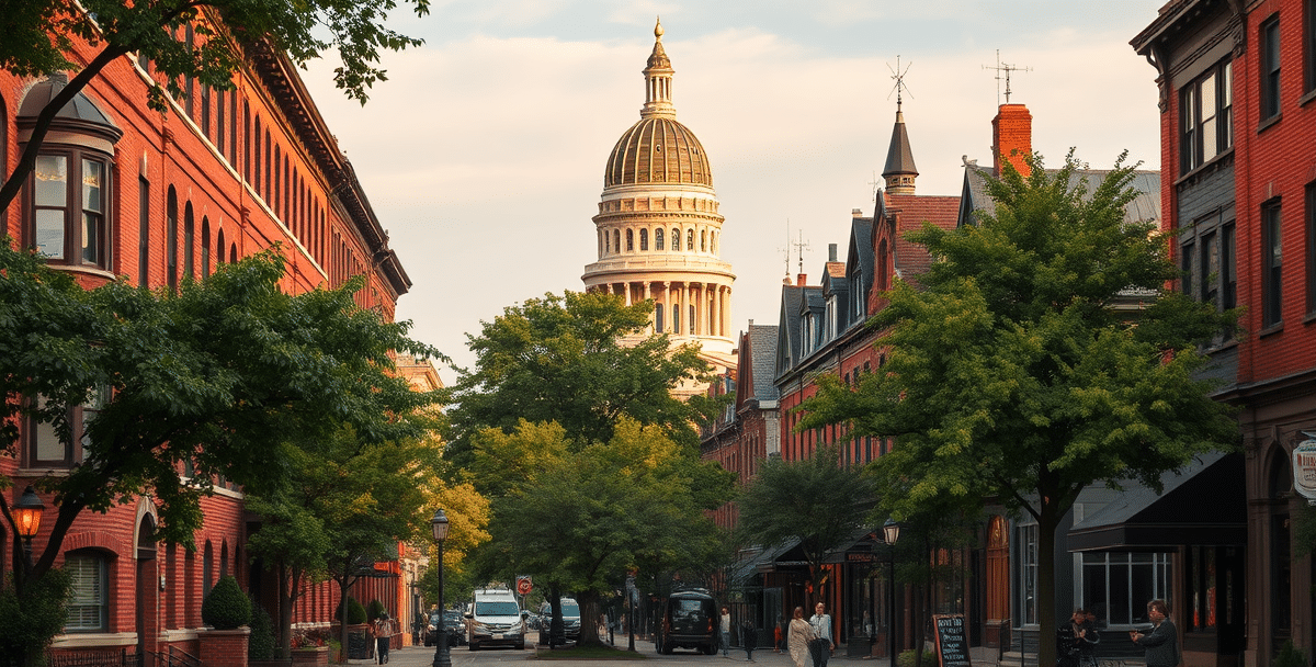 A vibrant street scene in capitol park, des moines, ia 50301, showcasing historic brick row houses with ornate cornices and bay windows lining tree-shaded sidew