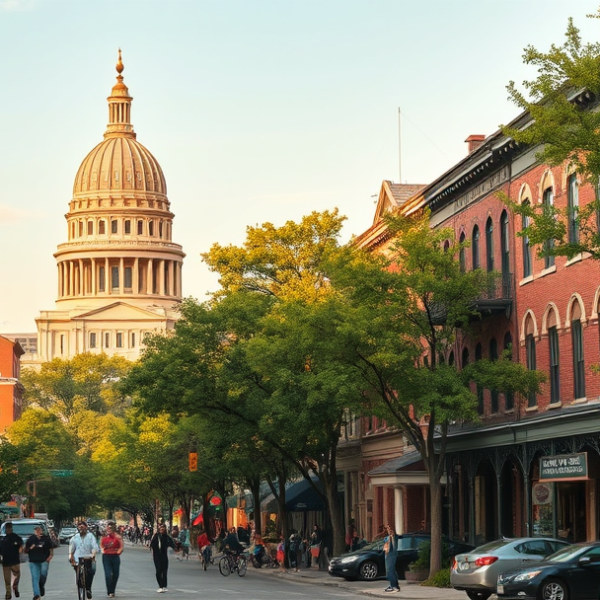 AT&T Coverage, Stores & Plans in Capitol Park, Des Moines IA 50302 A vibrant street scene in Capitol Park, Des Moines, IA 50302, showcasing historic brick rowhouses with ornate cornices and charming front porches, lined along t