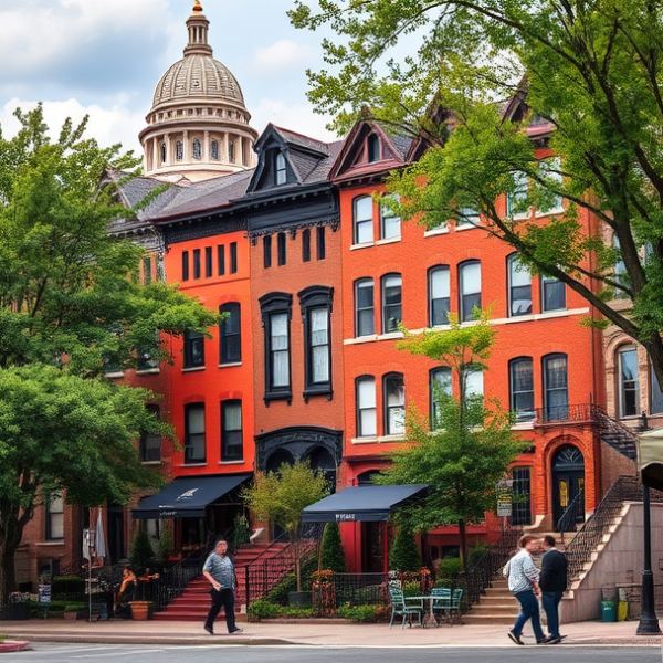 AT&T Coverage, Stores & Plans in Capitol Park, Des Moines IA 50303 A vibrant street scene in Capitol Park, Des Moines, IA 50303, showcasing historic brick rowhouses with ornate facades and colorful murals depicting local histor