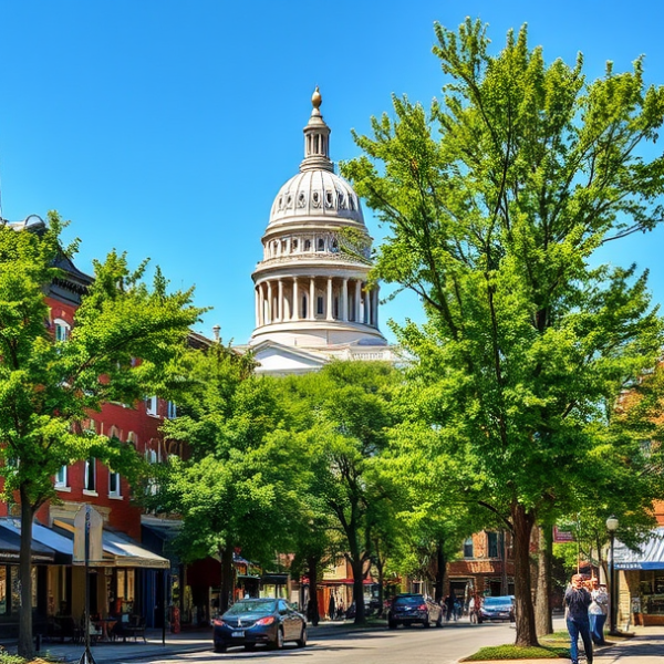 AT&T Coverage, Stores & Plans in Capitol Park, Des Moines IA 50359 A vibrant street scene in Capitol Park, Des Moines, IA 50359, showcasing historic brick rowhouses with ornate cornices and colorful storefronts lining tree-shad