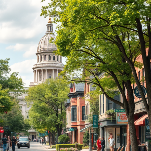 AT&T Coverage, Stores & Plans in Capitol Park, Des Moines IA 50360 A vibrant street scene in Capitol Park, Des Moines, IA (50360), showcasing historic brick row houses with ornate cornices and colorful storefronts lining tree-s